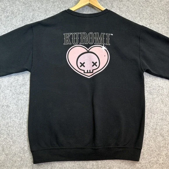 Sanrio Kuromi Black Fleece Sweatshirt Women's L Pink Heart Skull Kawaii Anime - Picture 3 of 6